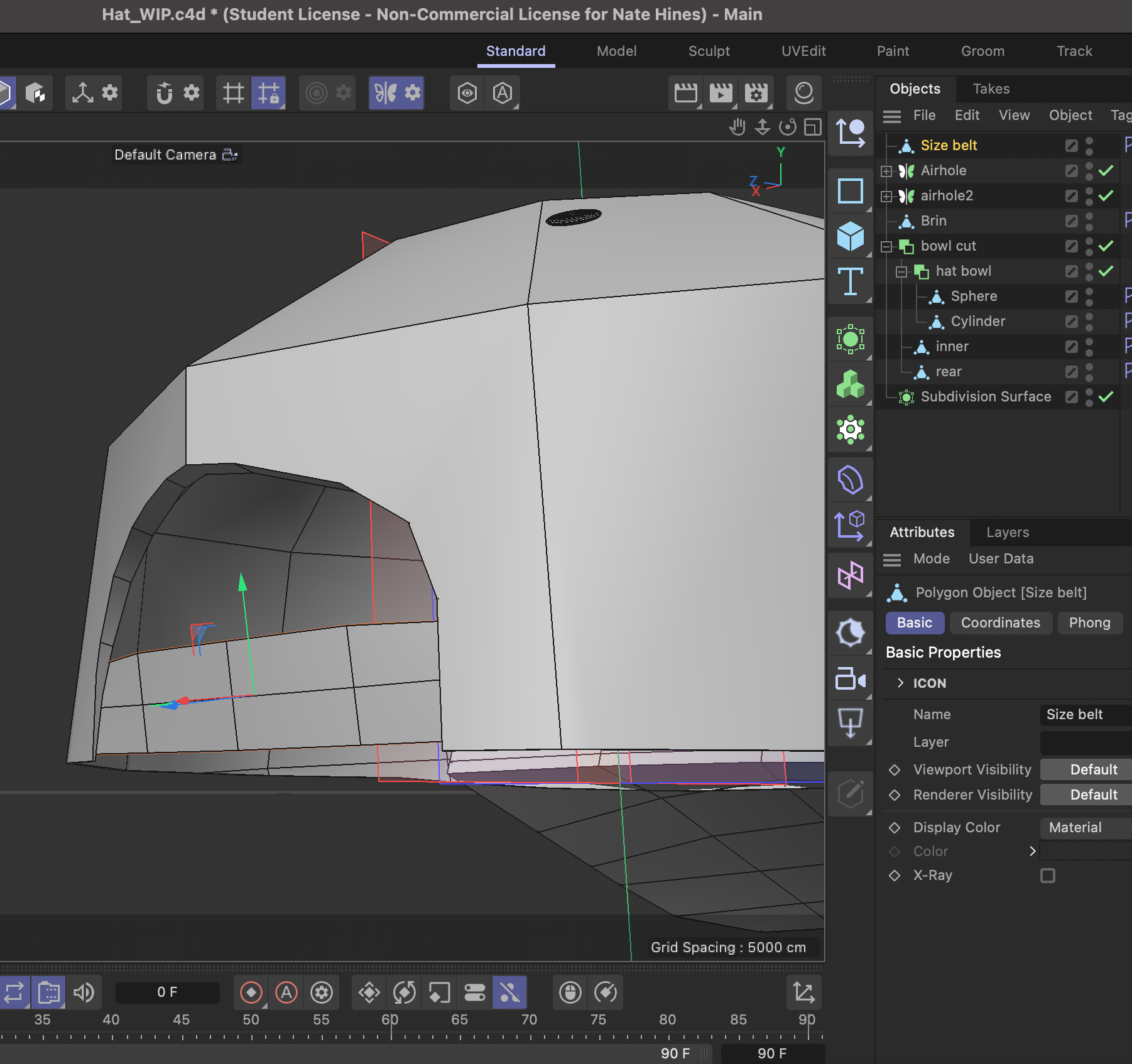 Using block modelling, it was difficult to cleanly cut the back of the hat out of the original